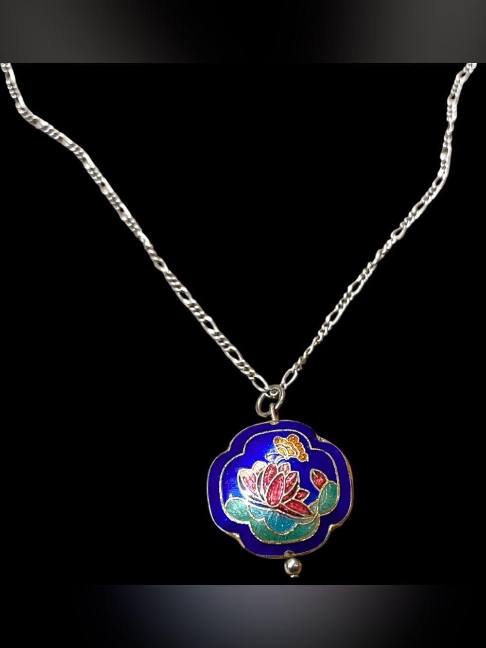 Vintage Chinese Cloisonné Enamel Lotus Flower Pendant With Stamped .925 Chain